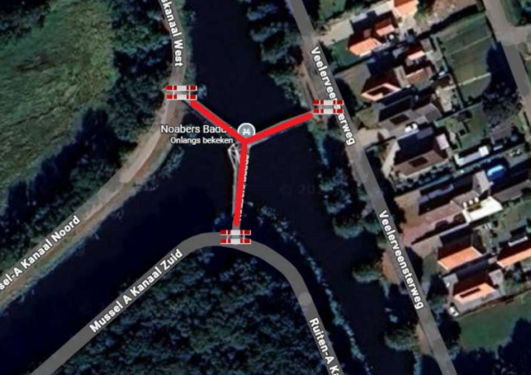 Brug met afsluiting in rood gemarkeerd